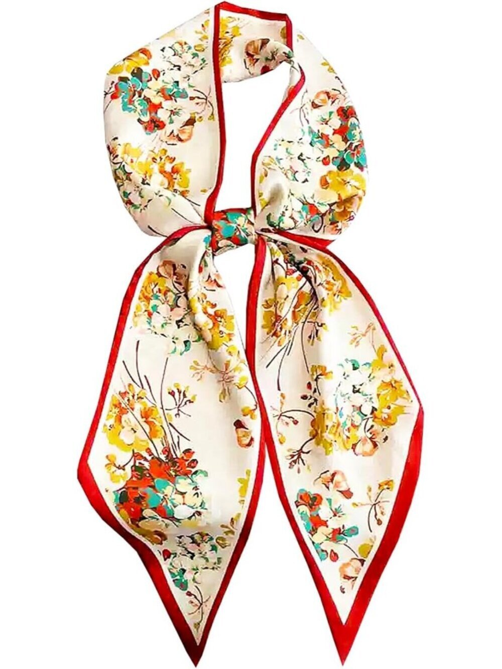Women's Orange Edge Oleander Head Scarves Long Skinny Silky Hair Bags Scarf